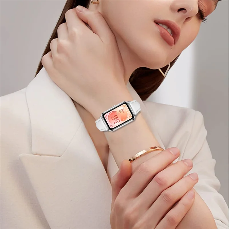 Watch Band for Huawei Band 11 Pro NFC / 11 NFC / 11 Pro / 11 Silver Buckle Slim Leather Strap - White