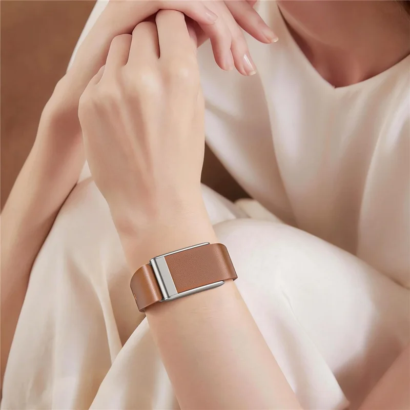 For WHOOP 5.0 Leather Band Stainless Steel Buckle Replacement Watch Strap - Brown / Titanium