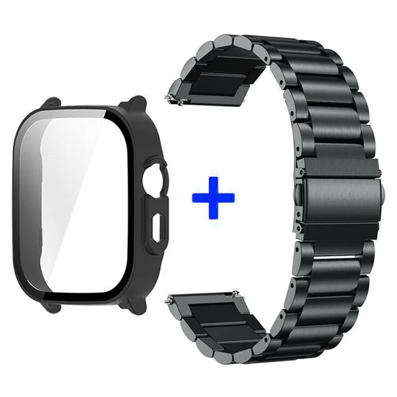 For Realme Watch 5 3-Bead Stainless Steel Band + PC Watch Case with Tempered Glass Screen Protector - Black