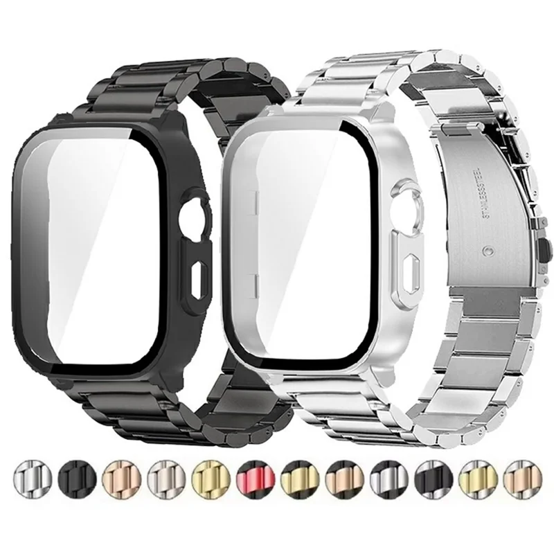 For Realme Watch 5 3-Bead Stainless Steel Band + PC Watch Case with Tempered Glass Screen Protector - Black