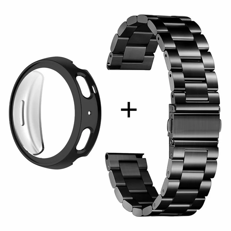 For Huami Amazfit Active Max 3-Bead Stainless Steel Strap with TPU Full Cover Watch Case - Black