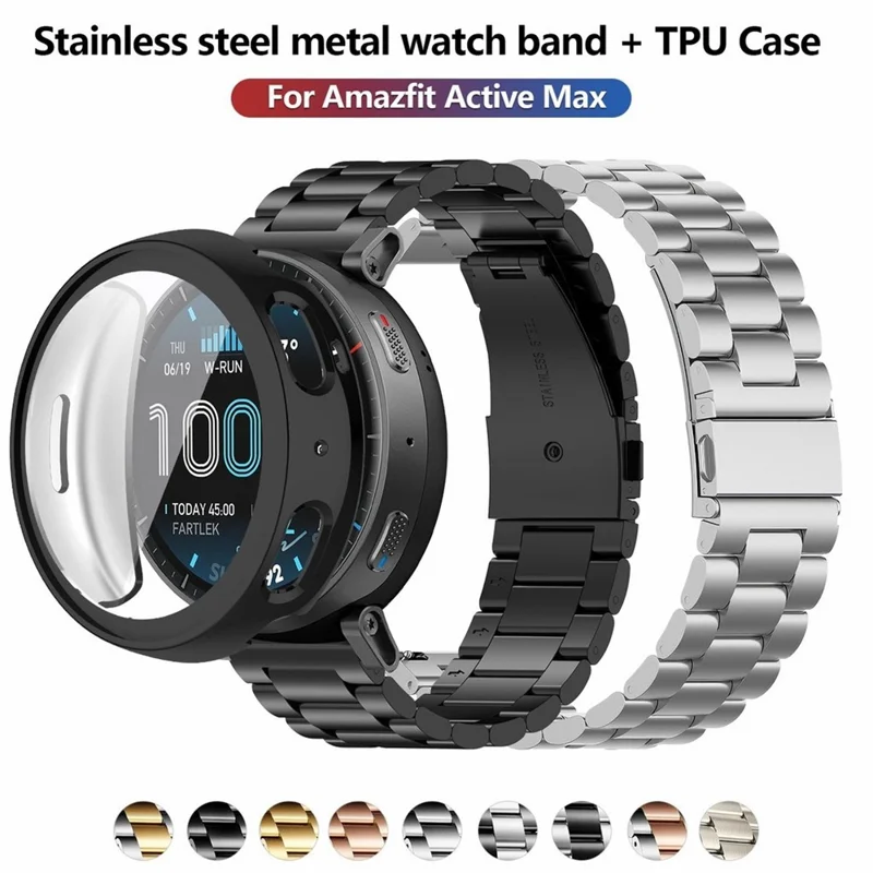 For Huami Amazfit Active Max 3-Bead Stainless Steel Strap with TPU Full Cover Watch Case - Black