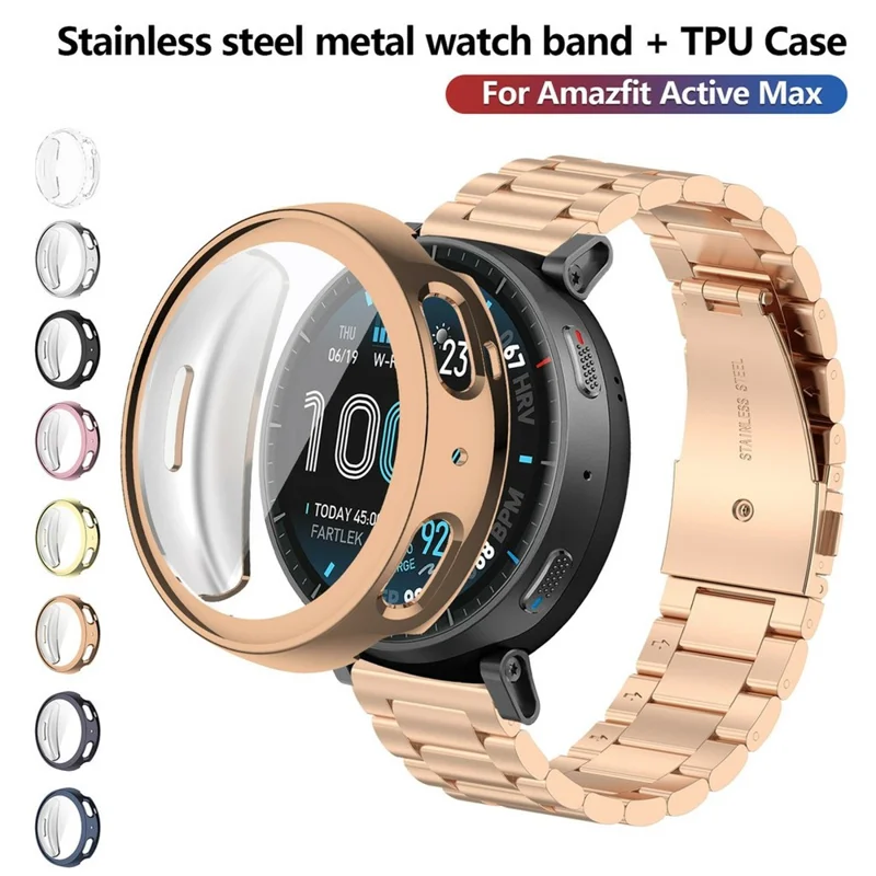 For Huami Amazfit Active Max 3-Bead Stainless Steel Strap with TPU Full Cover Watch Case - Black