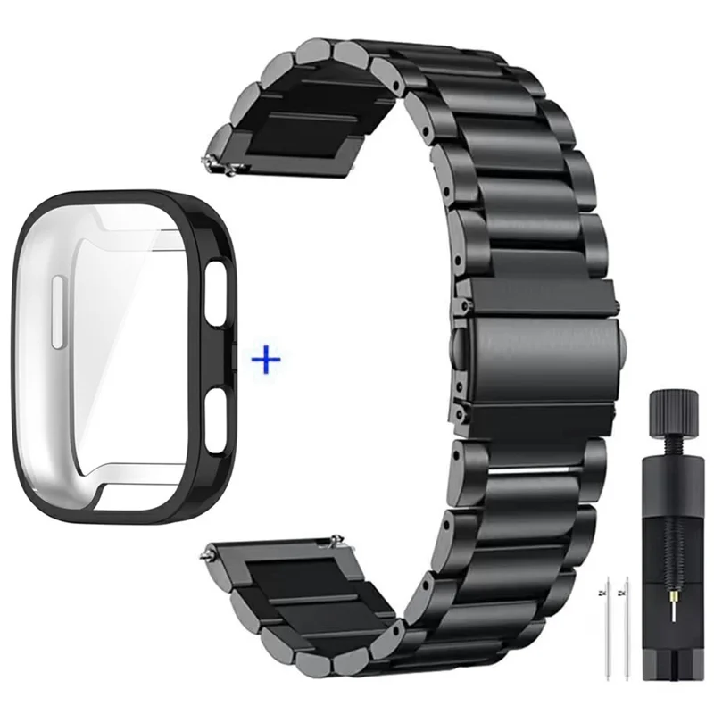 For Huami Amazfit Bip 6 A2435 3-Bead Stainless Steel Strap with TPU Full Cover Watch Case and Removal Tool - Black