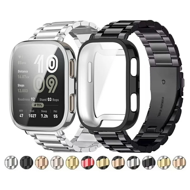 For Huami Amazfit Bip 6 A2435 3-Bead Stainless Steel Strap with TPU Full Cover Watch Case and Removal Tool - Black