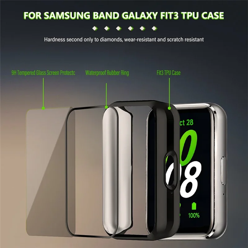 For Samsung Galaxy Fit3 3-Bead Stainless Steel Strap with TPU Full Cover Watch Case and Removal Tool - Silver - Silver