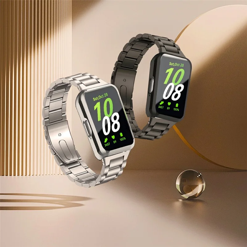 For Samsung Galaxy Fit3 3-Bead Stainless Steel Strap with TPU Full Cover Watch Case and Removal Tool - Silver - Silver