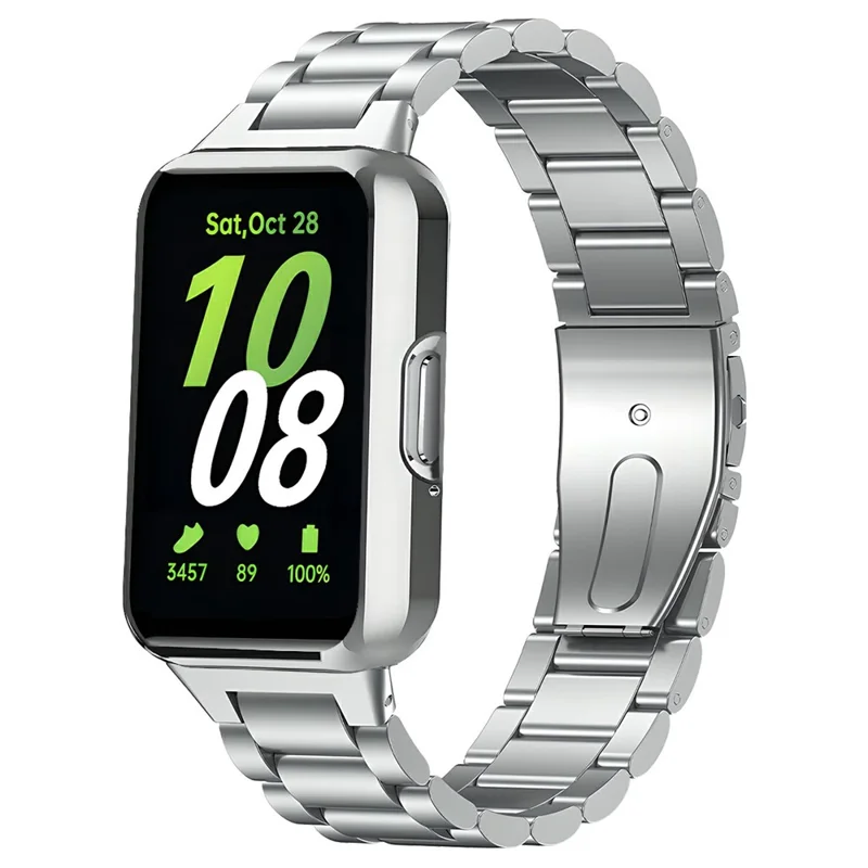 For Samsung Galaxy Fit3 3-Bead Stainless Steel Strap with TPU Full Cover Watch Case and Removal Tool - Silver - Silver