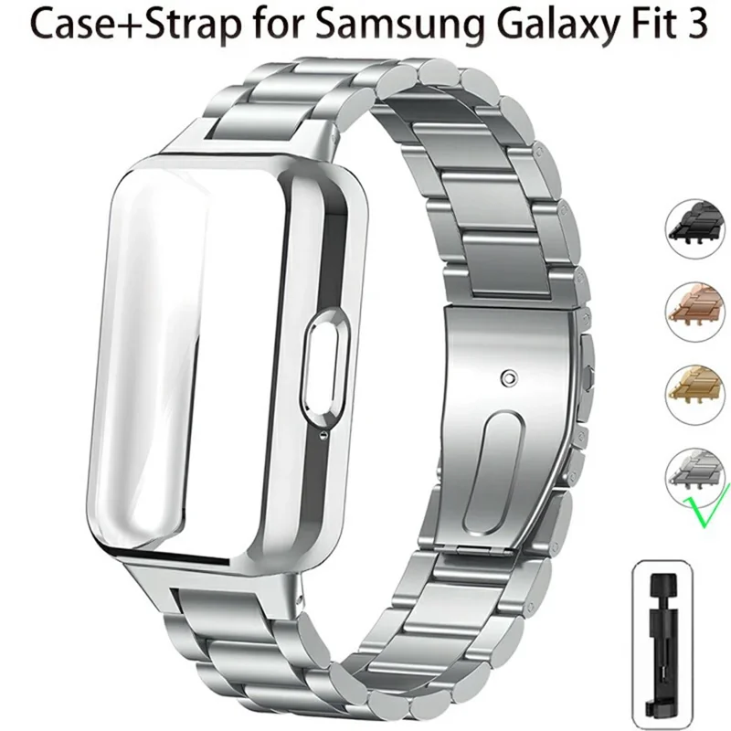 For Samsung Galaxy Fit3 3-Bead Stainless Steel Strap with TPU Full Cover Watch Case and Removal Tool - Silver - Silver