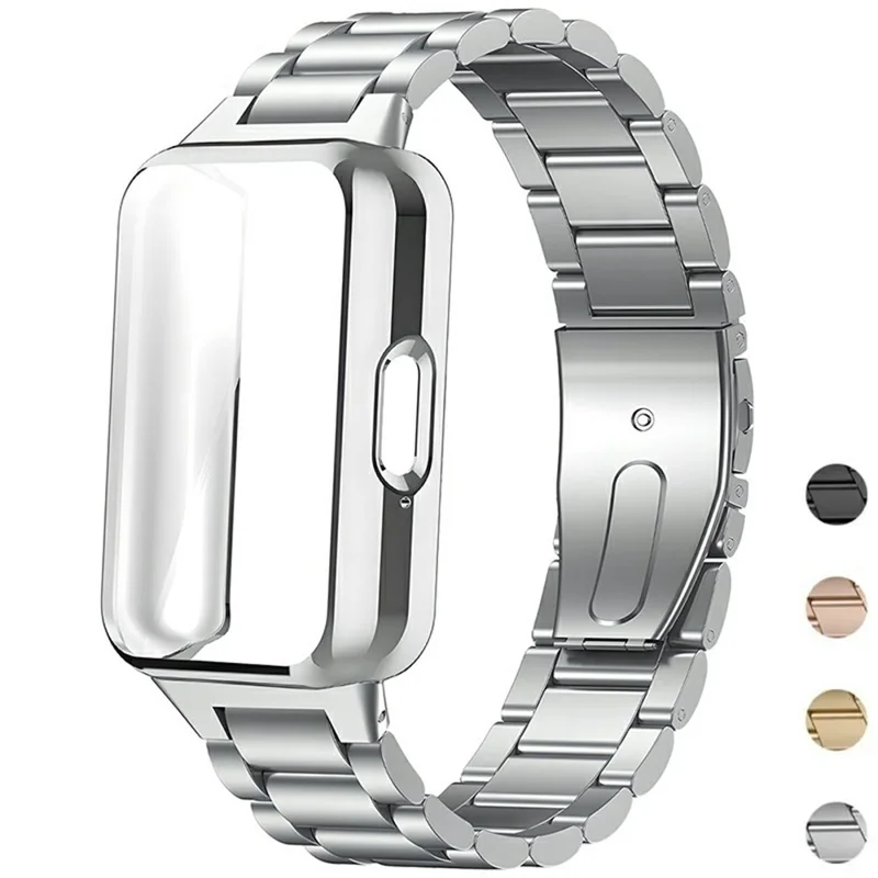 For Samsung Galaxy Fit3 3-Bead Stainless Steel Strap with TPU Full Cover Watch Case and Removal Tool - Silver - Silver