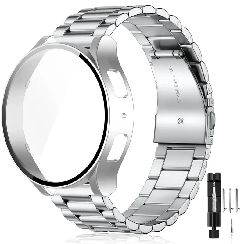 For Samsung Galaxy Watch7 44mm 3-Bead Stainless Steel Band + Full Cover PC Watch Case with Removal Tool - Silver