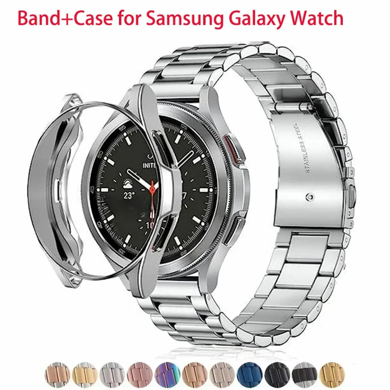 For Samsung Galaxy Watch7 44mm 3-Bead Stainless Steel Band + Full Cover PC Watch Case with Removal Tool - Silver