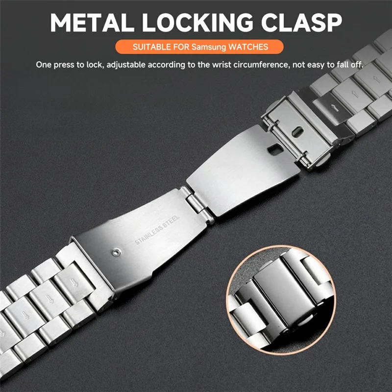 For Samsung Galaxy Watch7 44mm 3-Bead Stainless Steel Band + Full Cover PC Watch Case with Removal Tool - Silver