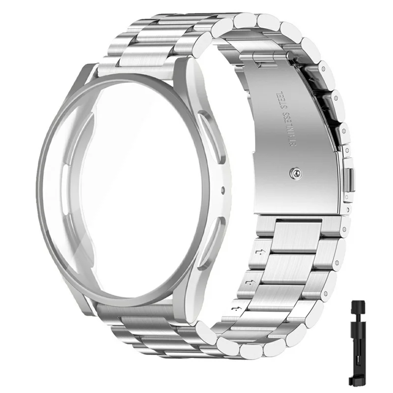 For Samsung Galaxy Watch7 40mm 3-Bead Stainless Steel Strap with TPU Full Cover Watch Case and Removal Tool - Silver