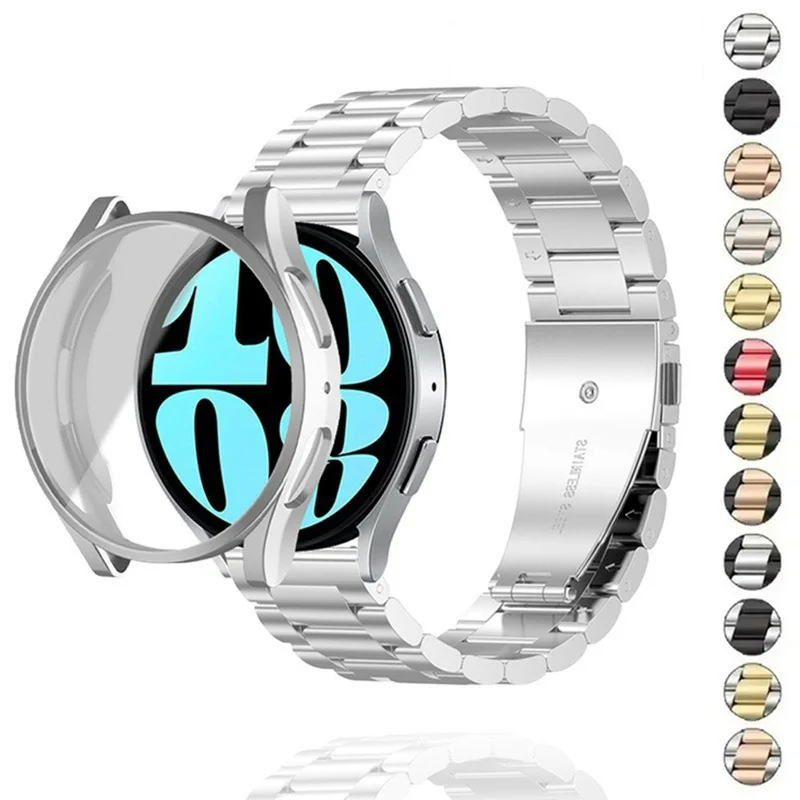 For Samsung Galaxy Watch7 40mm 3-Bead Stainless Steel Strap with TPU Full Cover Watch Case and Removal Tool - Silver