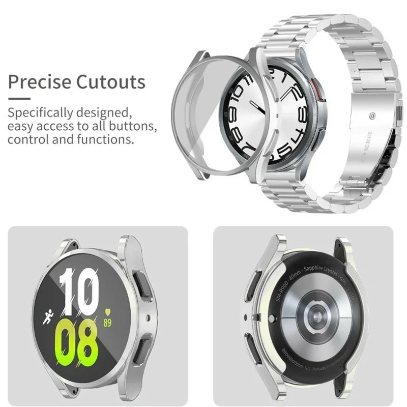 For Samsung Galaxy Watch7 40mm 3-Bead Stainless Steel Strap with TPU Full Cover Watch Case and Removal Tool - Silver