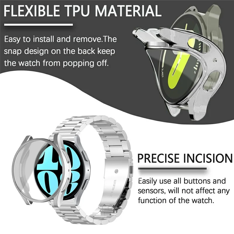 For Samsung Galaxy Watch7 44mm 3-Bead Stainless Steel Strap with TPU Full Cover Watch Case and Removal Tool - Silver
