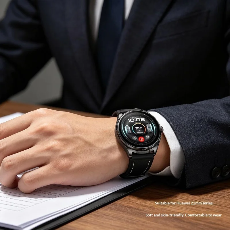 22mm Strap for Huawei Watch GT 6 46mm / GT 5 46mm / GT 5 Pro 46mm Stitching Lines Microfiber Leather + Silicone Watch Band - Black