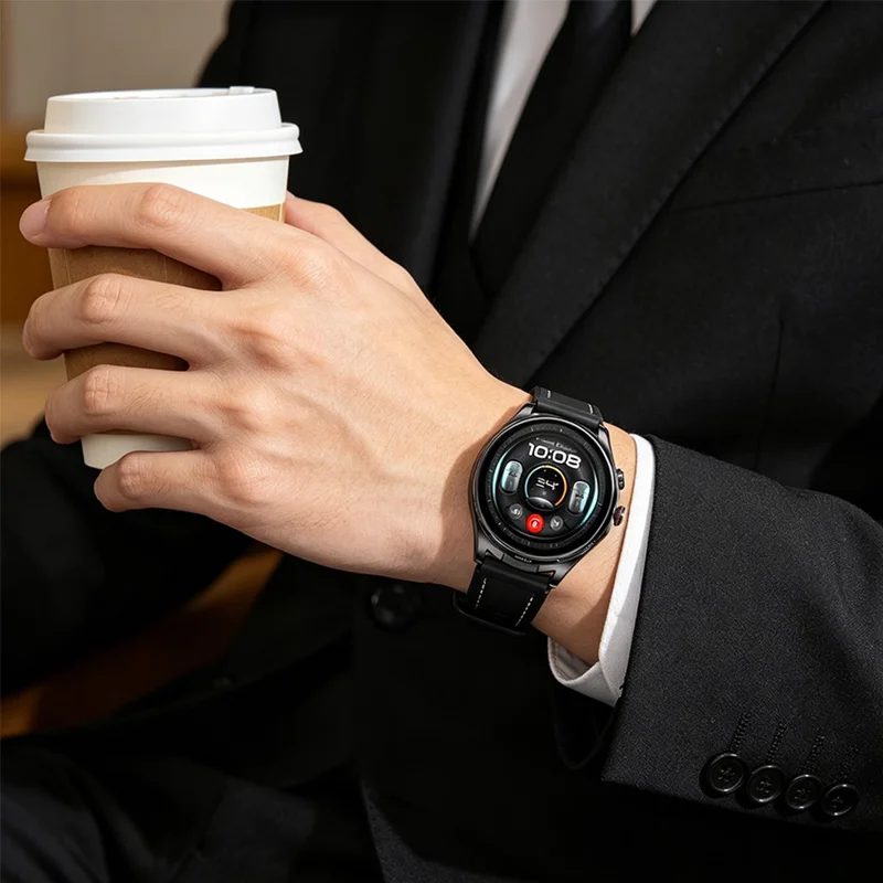22mm Strap for Huawei Watch GT 6 46mm / GT 5 46mm / GT 5 Pro 46mm Stitching Lines Microfiber Leather + Silicone Watch Band - Black