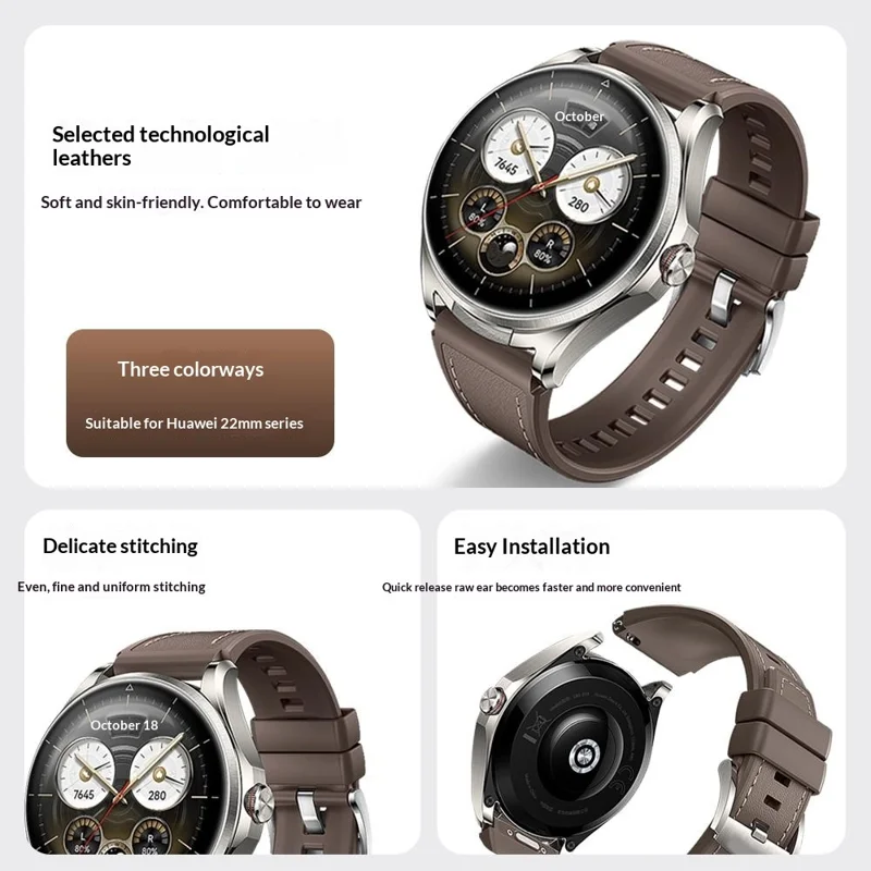 22mm Strap for Huawei Watch GT 6 46mm / GT 5 46mm / GT 5 Pro 46mm Stitching Lines Microfiber Leather + Silicone Watch Band - Black