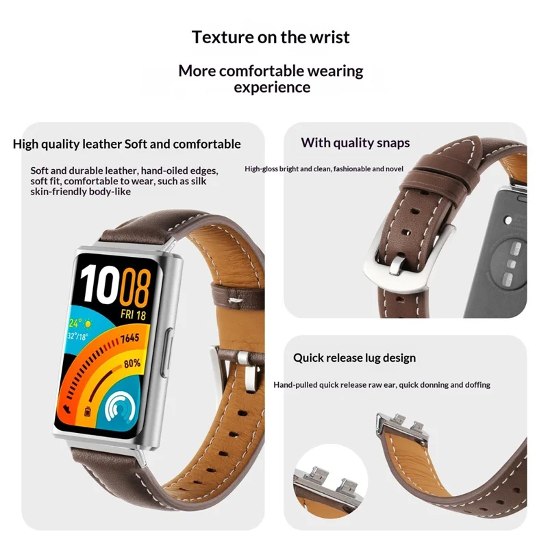 Strap for Huawei Band 11 Pro NFC  /  11 NFC  /  11 Pro  /  11 Genuine Cow Leather Band Quick Release Replacement Wristband - Brown