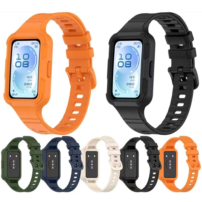For for Huawei Band 11 Pro NFC  /  11 Pro Integrated Armor Silicone Band with Watch Case - Orange