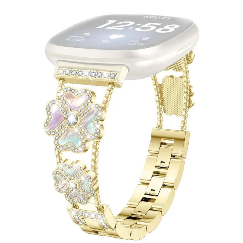For Fitbit Versa 3 / Sense Metal Strap Heart Clover Rhinestone Decor Watch Band - Gold / Colorful