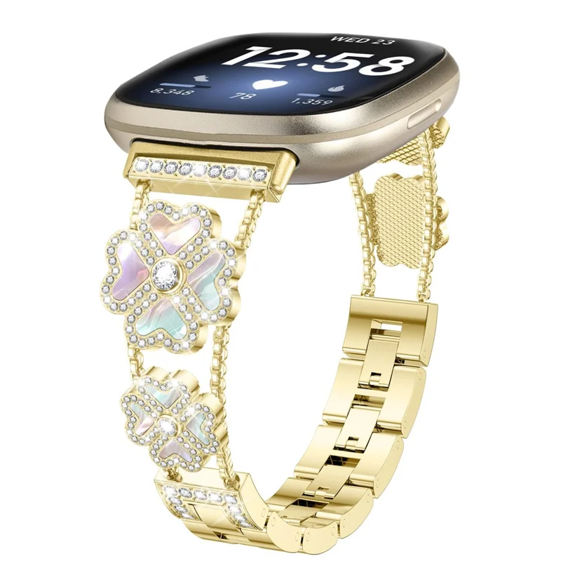 For Fitbit Versa 3 / Sense Metal Strap Heart Clover Rhinestone Decor Watch Band - Gold / Colorful