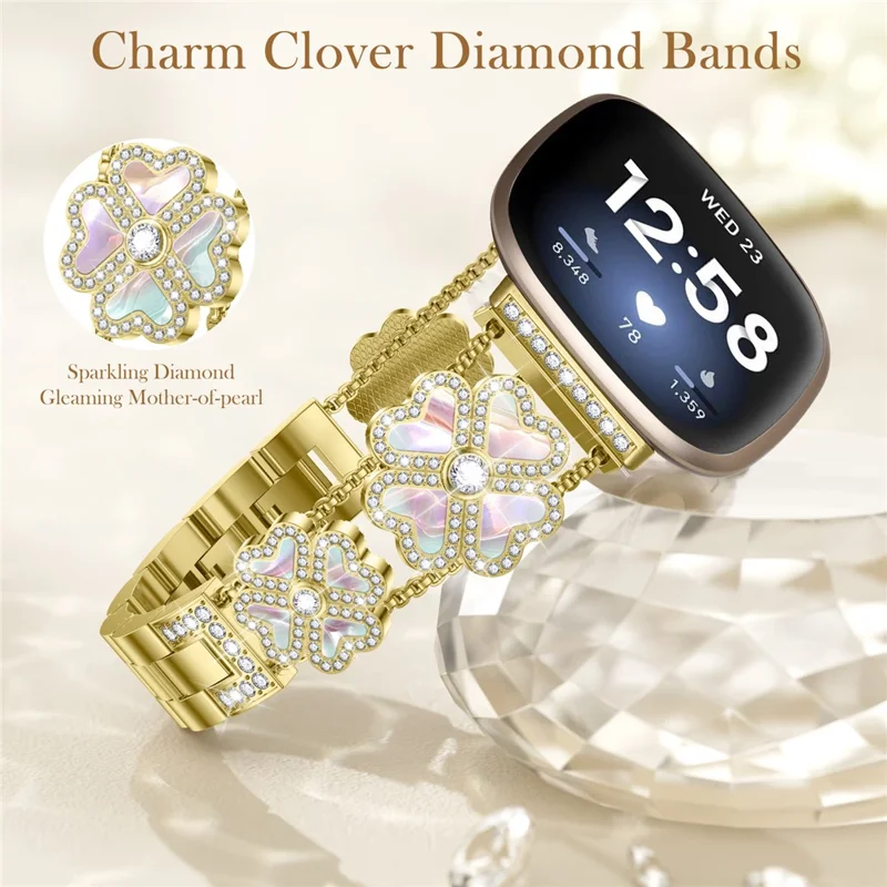 For Fitbit Versa 3 / Sense Metal Strap Heart Clover Rhinestone Decor Watch Band - Gold / Colorful