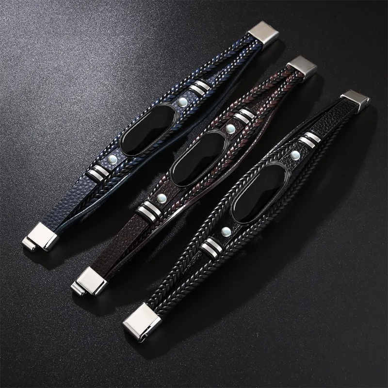 Bracelet Wristband for Xiaomi Smart Band 10 / 9 / 8 Multi-layer Braided Leather Band with Magnetic Buckle - Navy Blue