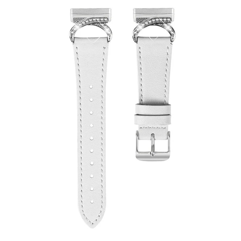 Bracelet pour Fitbit Versa 3 / Sense avec boucle argentée, connecteur en strass et bracelet en cuir de vache véritable - Blanc