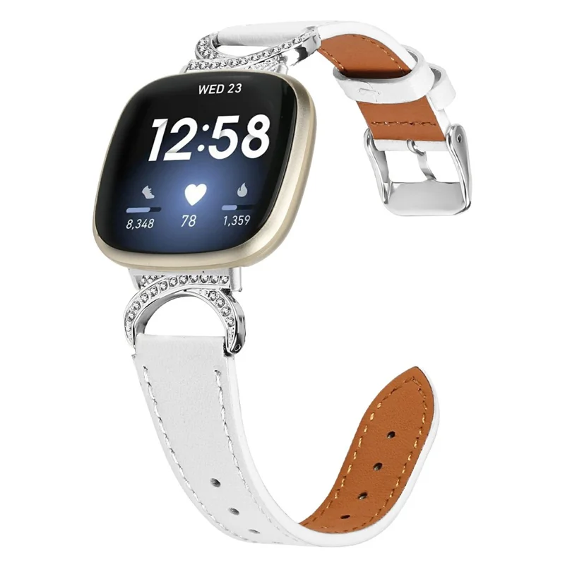 Bracelet pour Fitbit Versa 3 / Sense avec boucle argentée, connecteur en strass et bracelet en cuir de vache véritable - Blanc