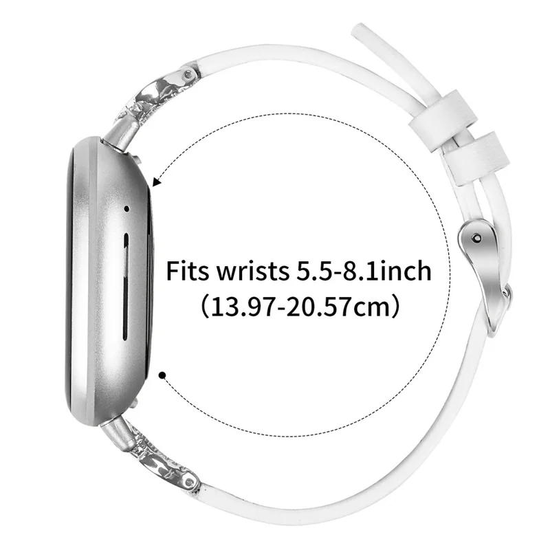 Bracelet pour Fitbit Versa 3 / Sense avec boucle argentée, connecteur en strass et bracelet en cuir de vache véritable - Blanc