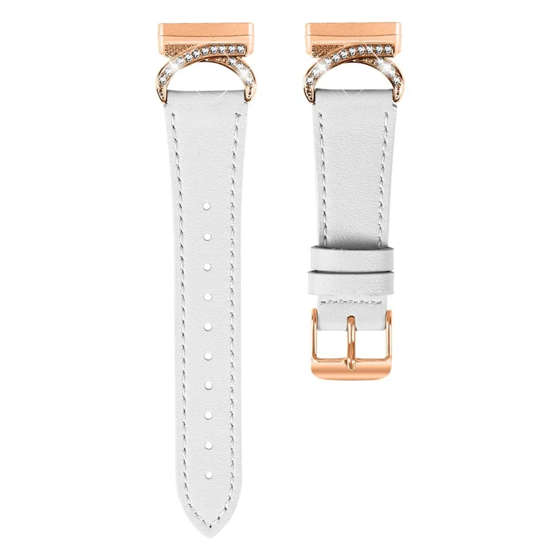 Bracelet pour Fitbit Versa 3 / Sense avec boucle en or rose et connecteur en strass - Bandeau en cuir de vache véritable - Blanc