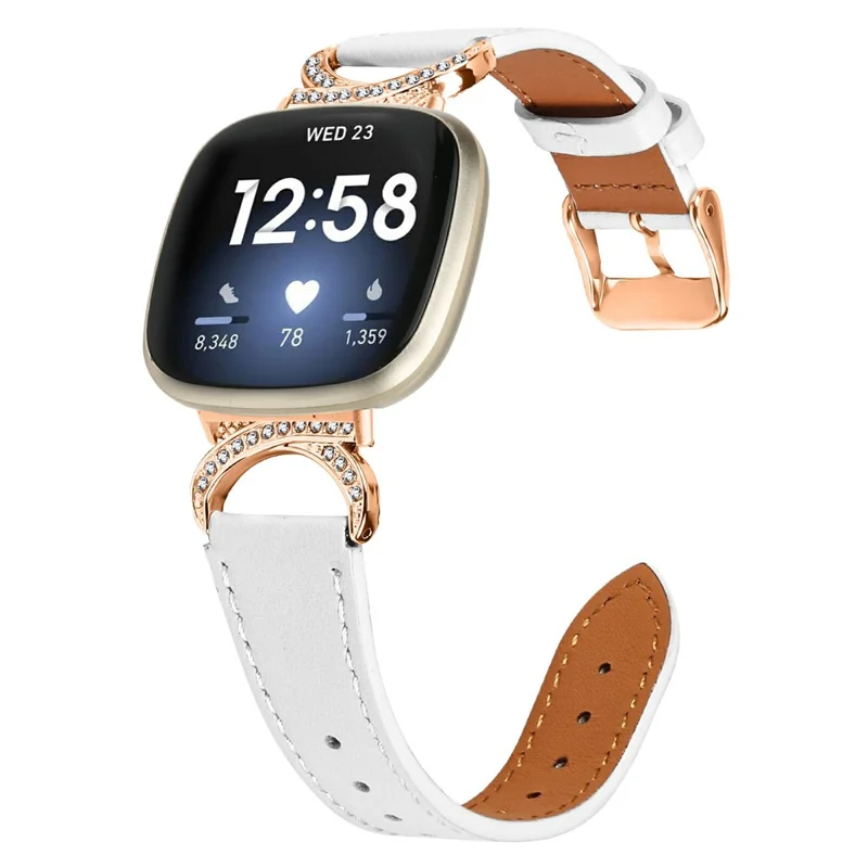 Bracelet pour Fitbit Versa 3 / Sense avec boucle en or rose et connecteur en strass - Bandeau en cuir de vache véritable - Blanc