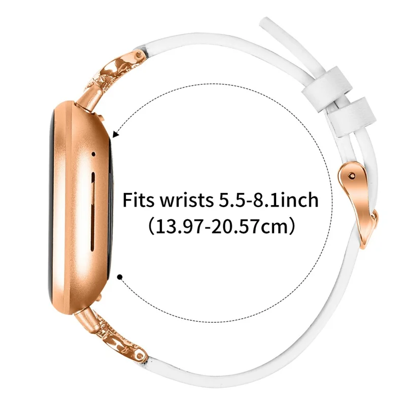 Bracelet pour Fitbit Versa 3 / Sense avec boucle en or rose et connecteur en strass - Bandeau en cuir de vache véritable - Blanc