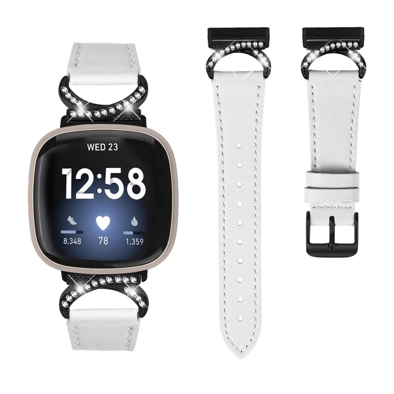 For Fitbit Versa 3 / Sense Strap with Black Buckle Rhinestone Connector Genuine Cow Leather Watch Band - White