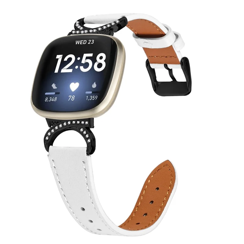 For Fitbit Versa 3 / Sense Strap with Black Buckle Rhinestone Connector Genuine Cow Leather Watch Band - White