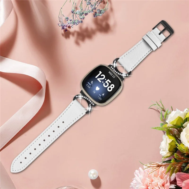 For Fitbit Versa 3 / Sense Strap with Black Buckle Rhinestone Connector Genuine Cow Leather Watch Band - White