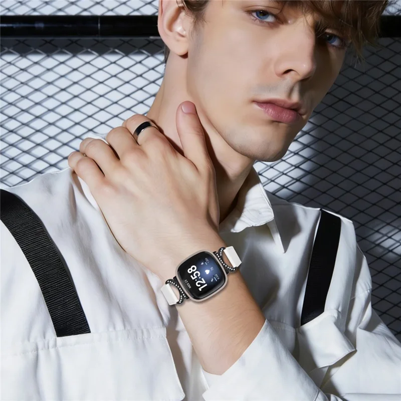 For Fitbit Versa 3 / Sense Strap with Black Buckle Rhinestone Connector Genuine Cow Leather Watch Band - White