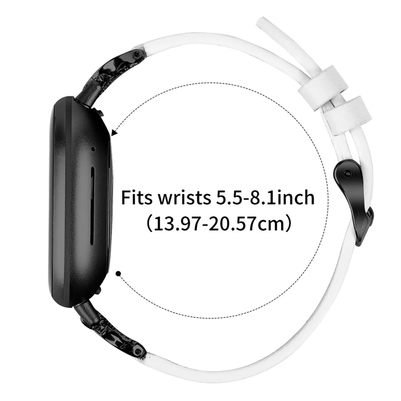 For Fitbit Versa 3 / Sense Strap with Black Buckle Rhinestone Connector Genuine Cow Leather Watch Band - White