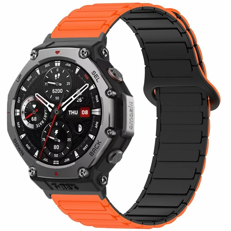 Magnetic Silicone Strap for Huami Amazfit T-Rex 3 Watch Band Replacement Wristband with PC Connector - Orange+Black