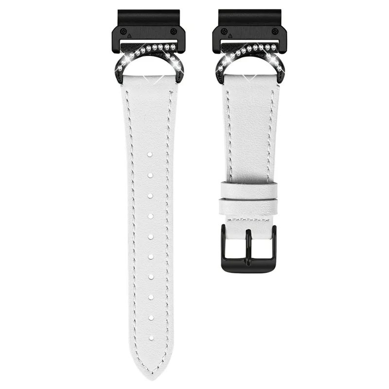 For Garmin Fenix 8 47mm Strap with Black Buckle Rhinestone Connector Genuine Cow Leather Watch Band - White
