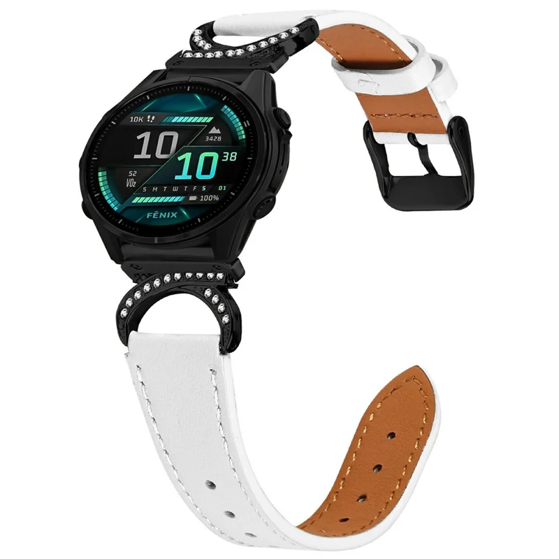 For Garmin Fenix 8 47mm Strap with Black Buckle Rhinestone Connector Genuine Cow Leather Watch Band - White