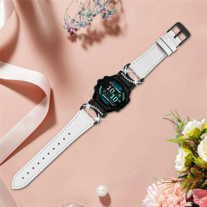 For Garmin Fenix 8 47mm Strap with Black Buckle Rhinestone Connector Genuine Cow Leather Watch Band - White
