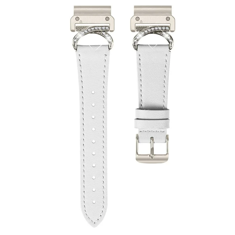 For Garmin Fenix 8 47mm Genuine Cow Leather Strap with Starlight Buckle Rhinestone Connector Watch Band - White