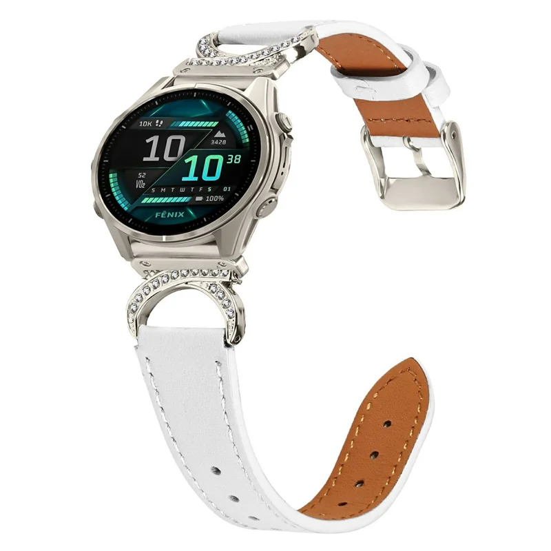 For Garmin Fenix 8 47mm Genuine Cow Leather Strap with Starlight Buckle Rhinestone Connector Watch Band - White