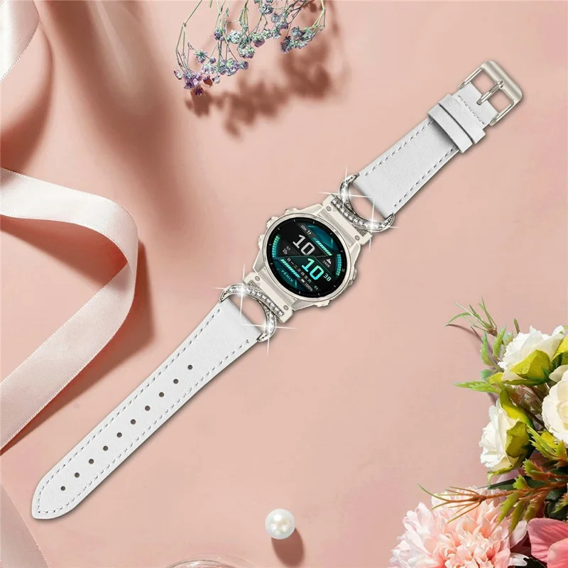For Garmin Fenix 8 47mm Genuine Cow Leather Strap with Starlight Buckle Rhinestone Connector Watch Band - White