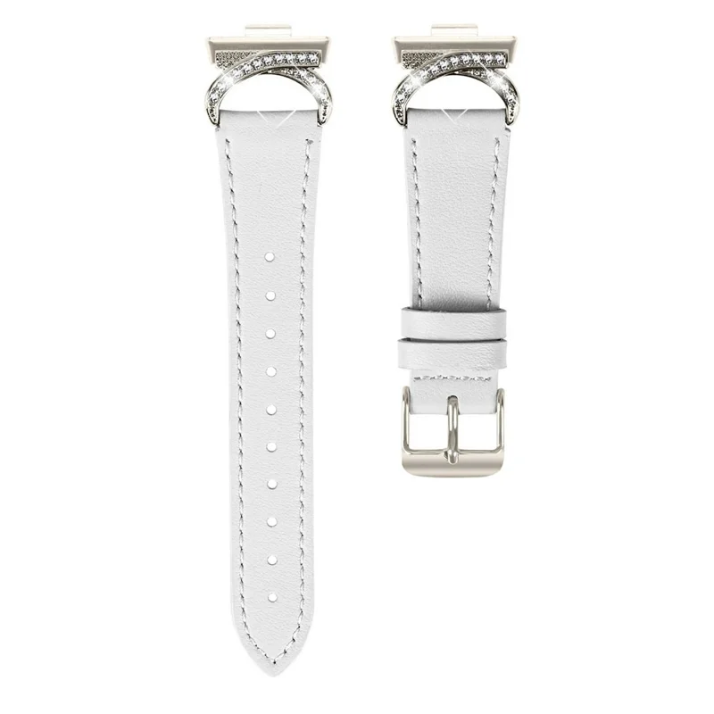 Genuine Cow Leather Strap with Starlight Buckle for Huawei Watch Fit 4 / Fit 4 Pro / Fit 3 , Rhinestone Connector Watch Band - White