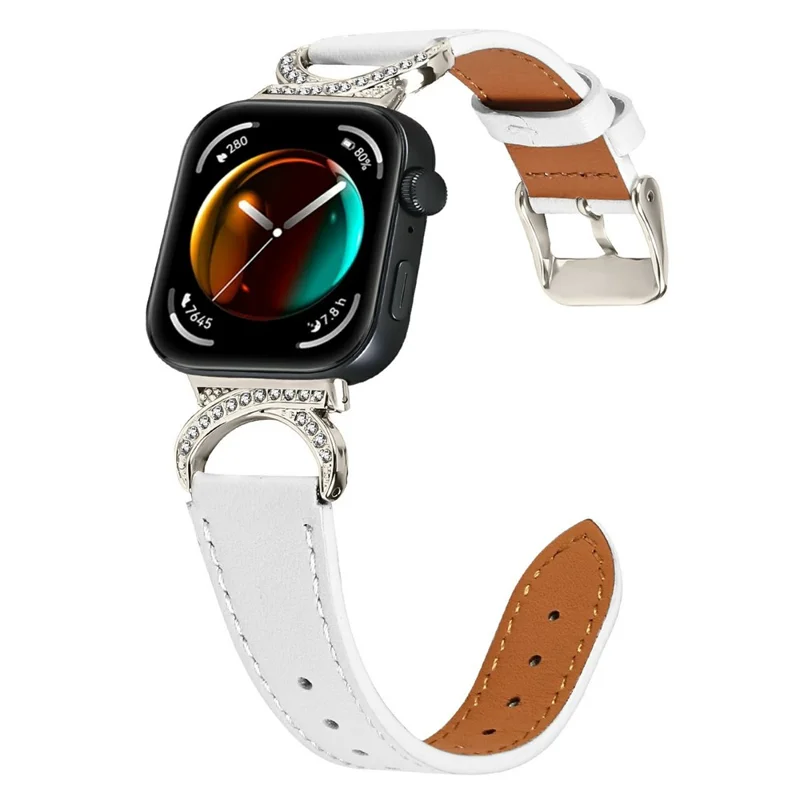 Genuine Cow Leather Strap with Starlight Buckle for Huawei Watch Fit 4 / Fit 4 Pro / Fit 3 , Rhinestone Connector Watch Band - White